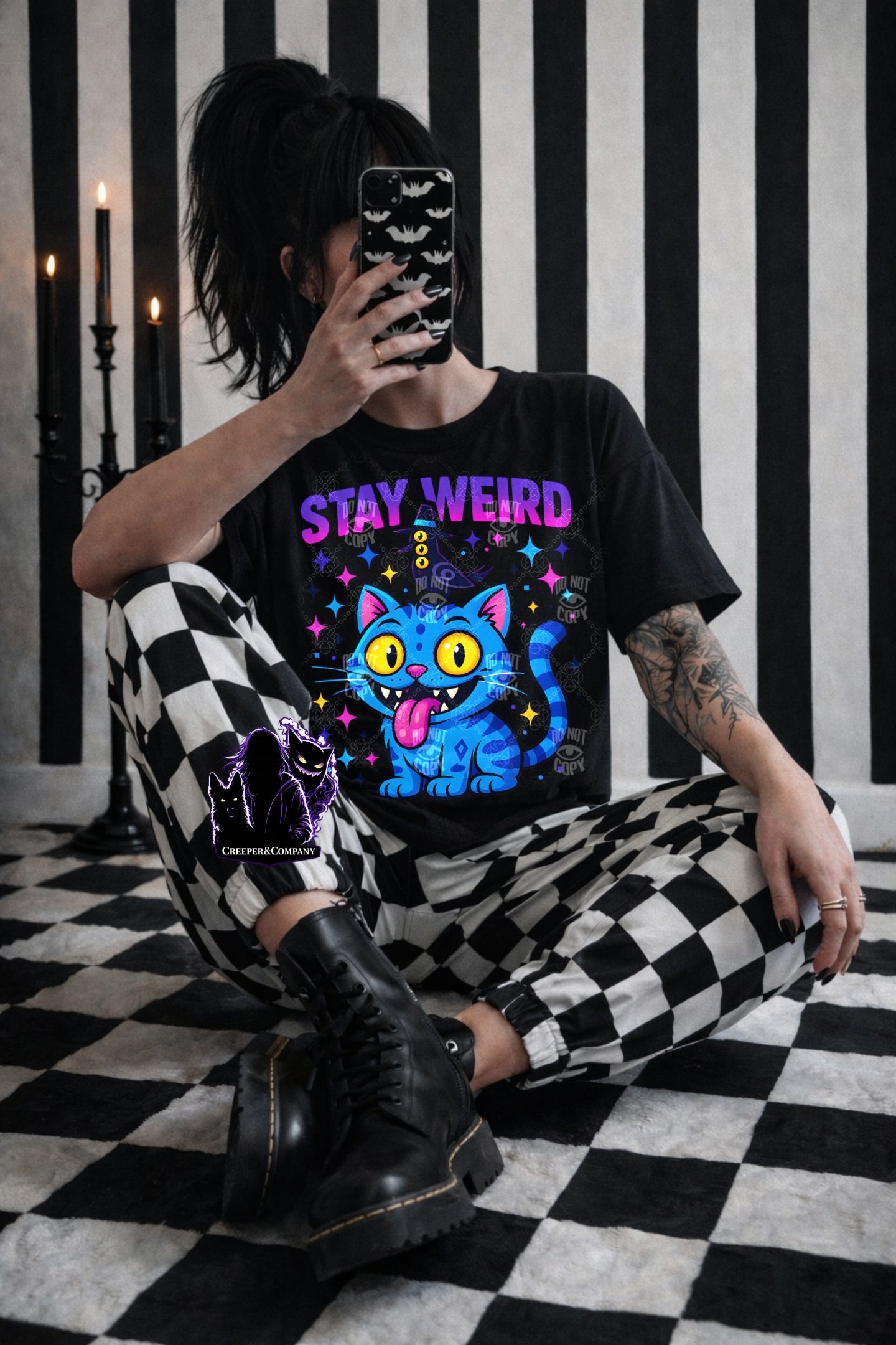 Stay Weird Neon Spooky Cat Tee