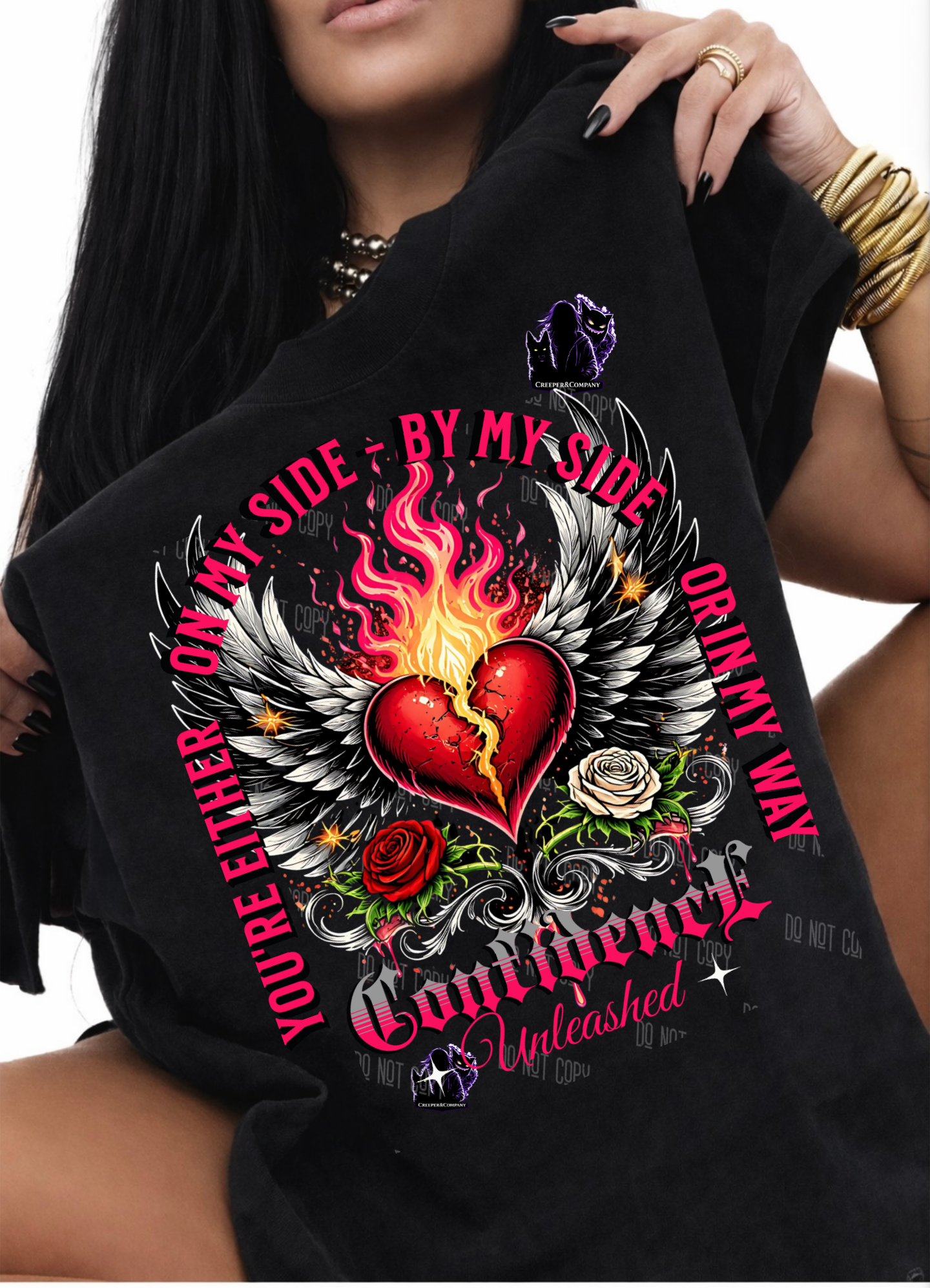 Gothic Unleashed Heart Wings Tee – “Either On My Side, By My Side, or In My Way” Shirt | Creeper&Company