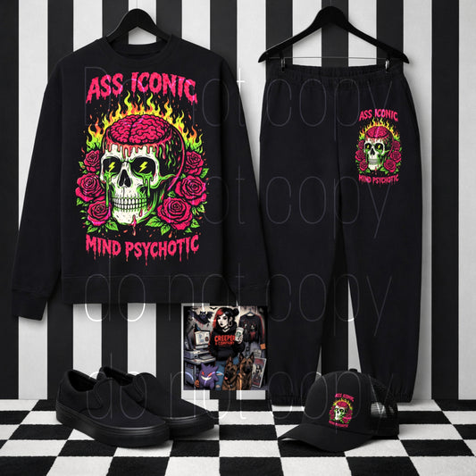 “Ass Iconic, Mind Psychotic” Gothic Skull Sweatshirt – Alt Streetwear Set