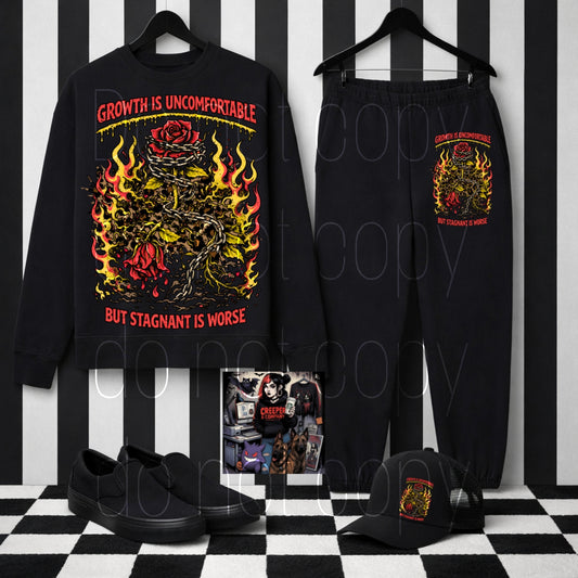 Growth Is Uncomfortable – Gothic Rose & Fire Crewneck | Dark Motivational Sweatshirt