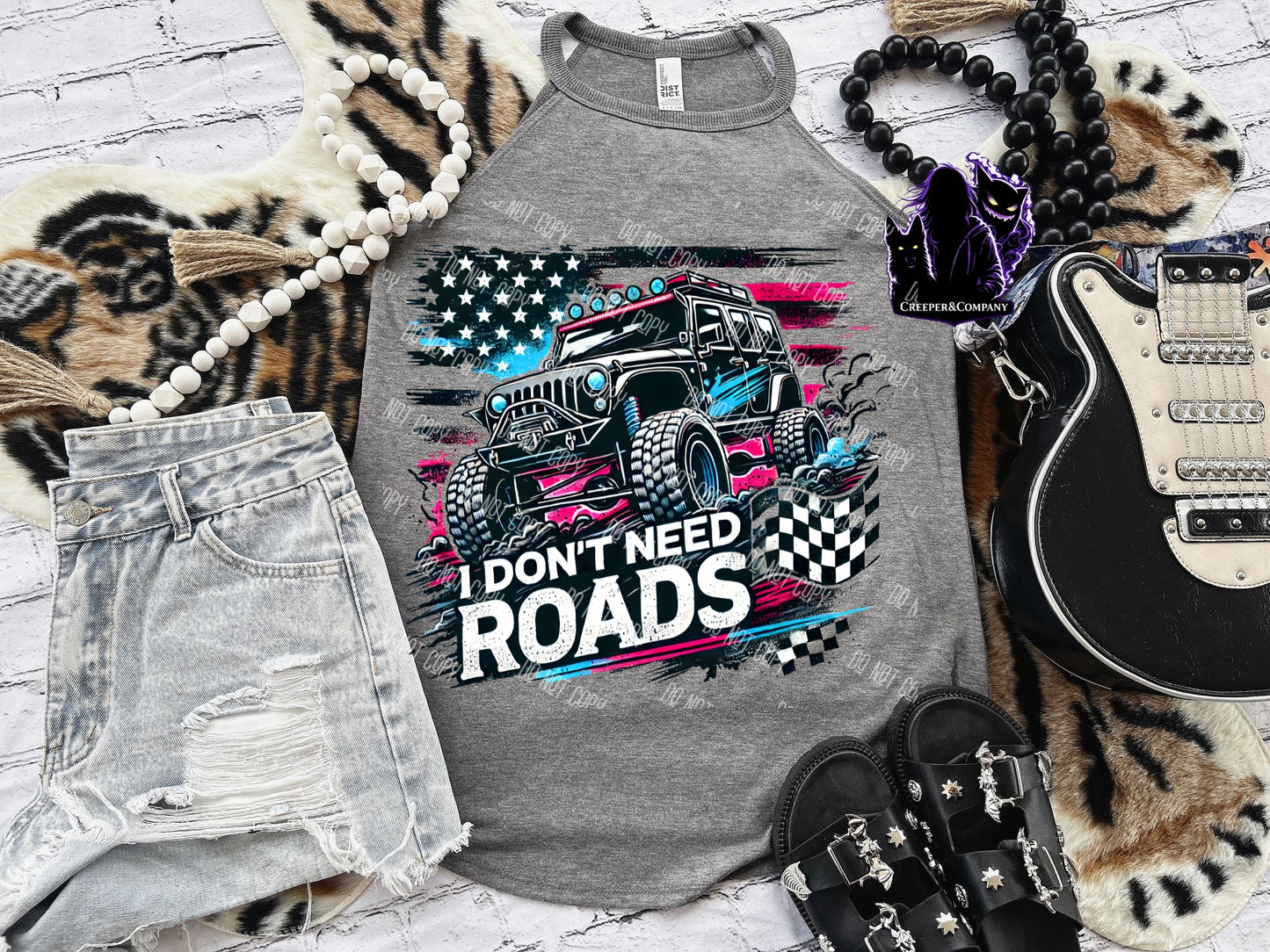 Don’t Need Roads Jeep Graphic Tank | Patriotic Off-Road Shirt | Neon American Flag 4x4 Design